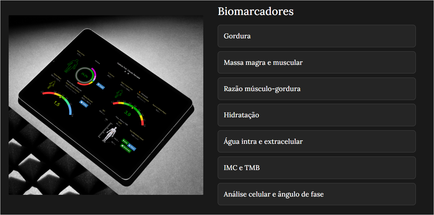 Relatório de bioimpedância de 4ª geração com biomarcadores